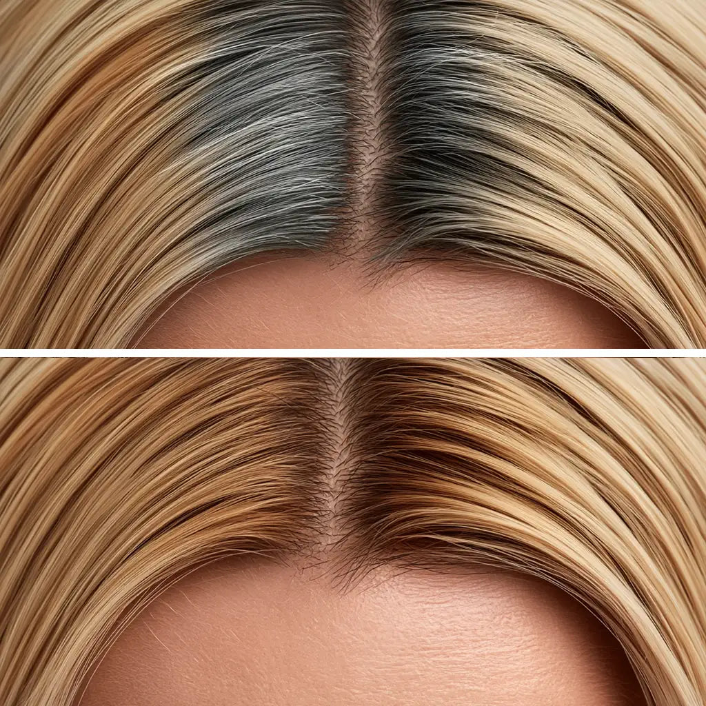 Stargazer mid Blonde hair root cover up mascara on hair