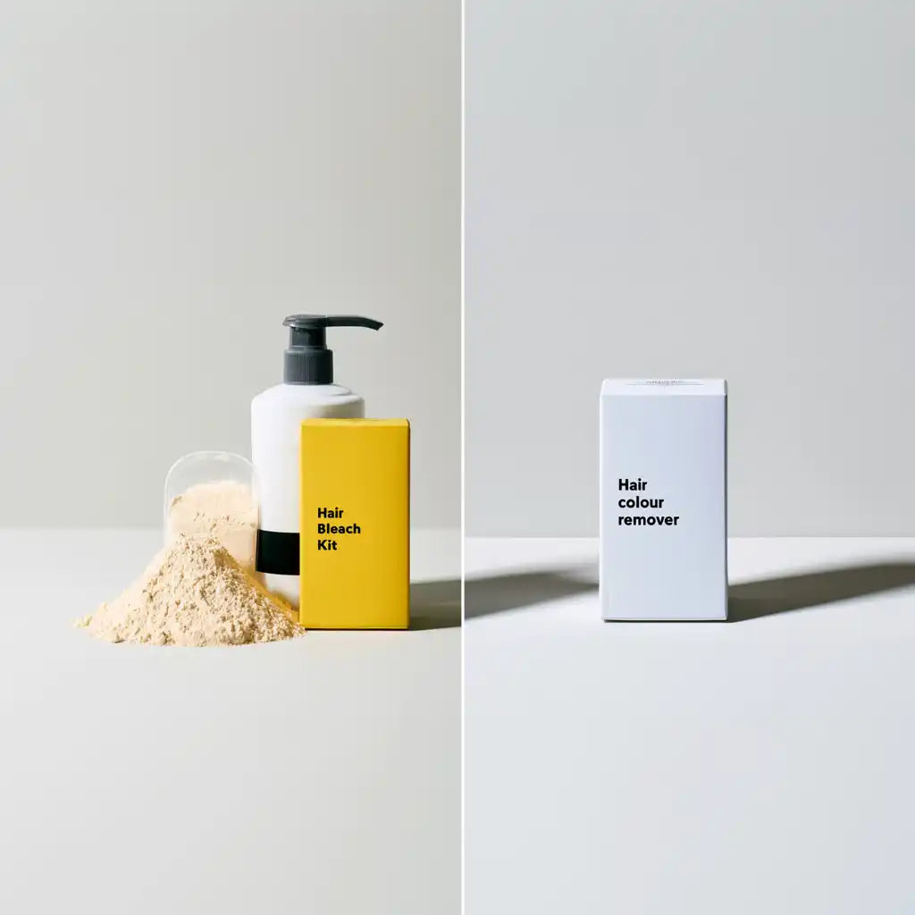 Bleach kit on the left vs colour remover box on the right — comparison flat lay