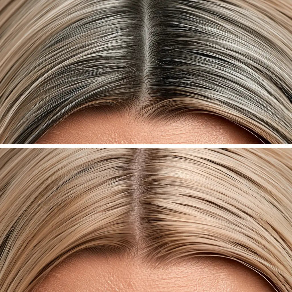 Stargazer Blonde hair root cover up mascara on hair